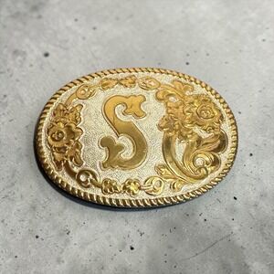 Crumrine Belt Buckle Silver Plate Jewelers Bronze Initial S Floral Western Oval